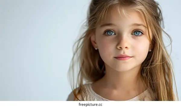 Portrait of a cute little girl with freckles and blue eyes