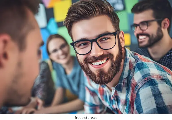 Smiling Man In A Plaid Shirt With Friends