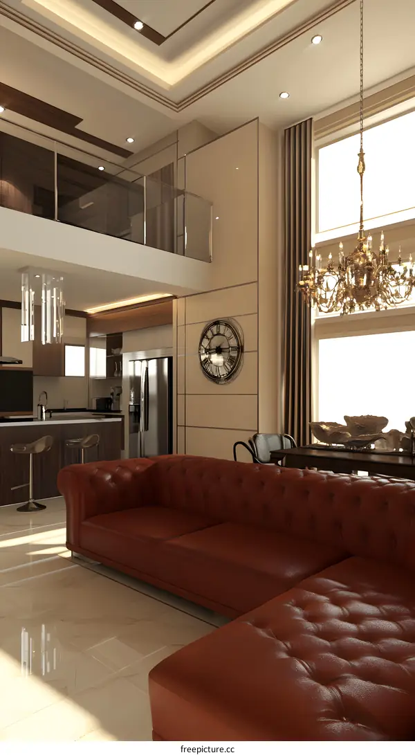 Modern Luxury Living Room Interior Design With Red Sofa and Chandelier