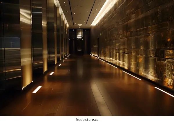 Modern Hotel Lobby Interior Design with Dark Wood Floors and Metal Walls