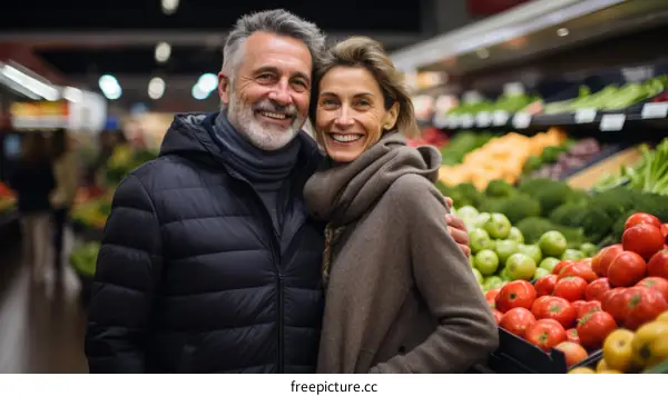Happy couple shopping for groceries in a supermarket