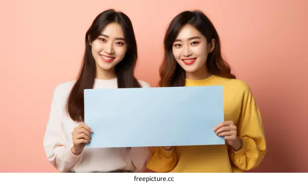 Two Asian women holding a blank sign