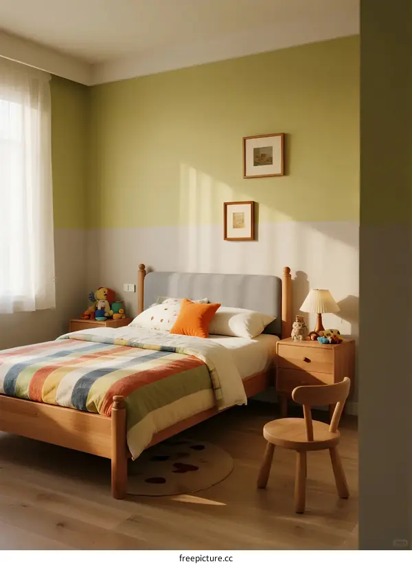 A Bright and Colorful Children's Bedroom with Wooden Furniture