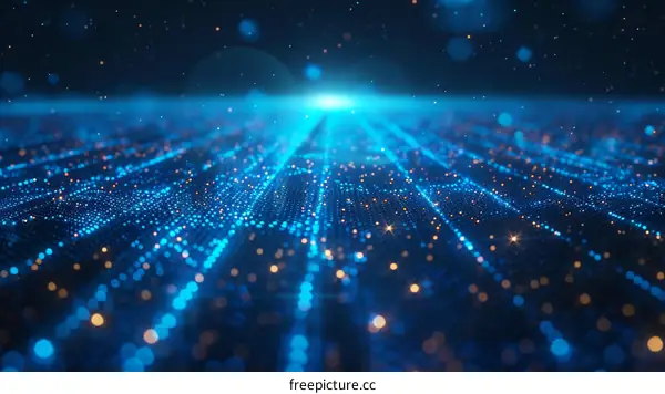 Blue and gold glowing particles form a futuristic landscape.