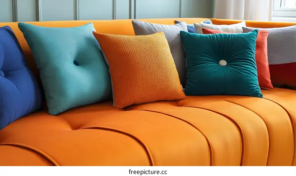 Colorful Cushions on an Orange Sofa