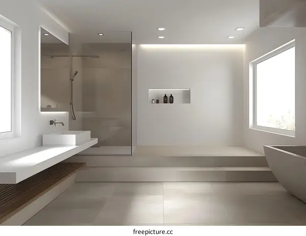 Modern Minimalist Bathroom Interior Design with Glass Shower and Concrete Tub