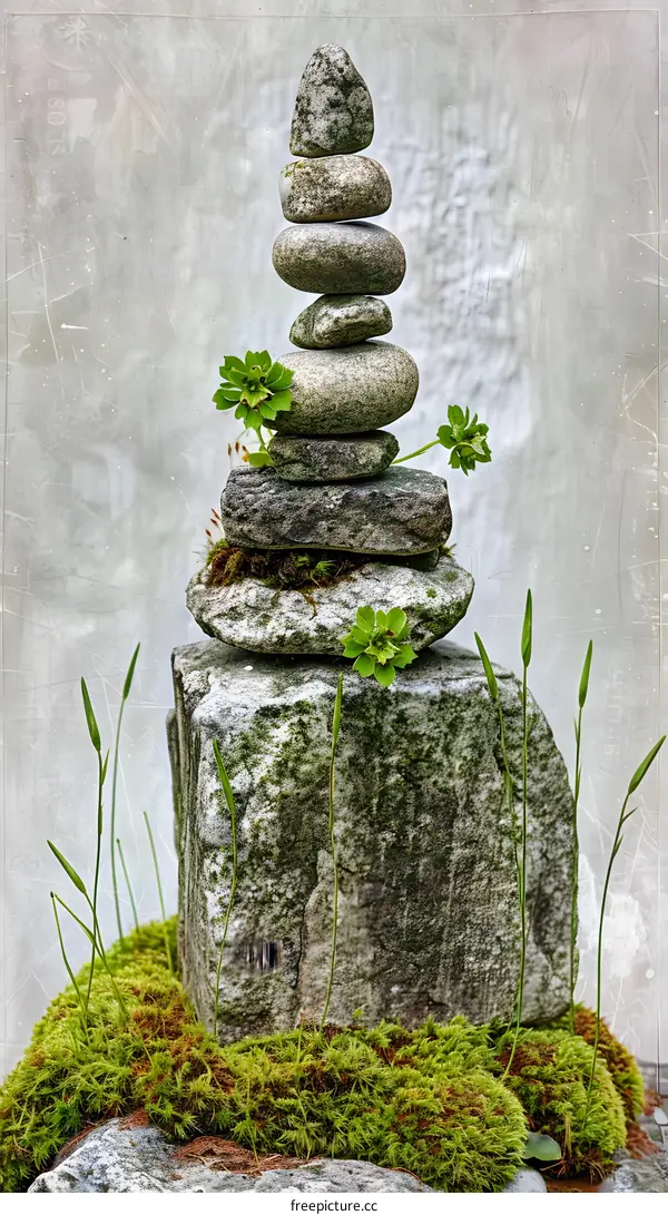 Stacked Stones and Green Plants on Mossy Rock