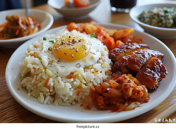 A plate of Korean food with rice, egg, and chicken