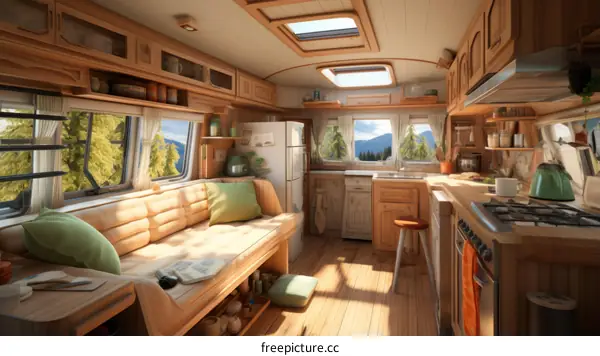 Cozy camper van interior with kitchen and living area
