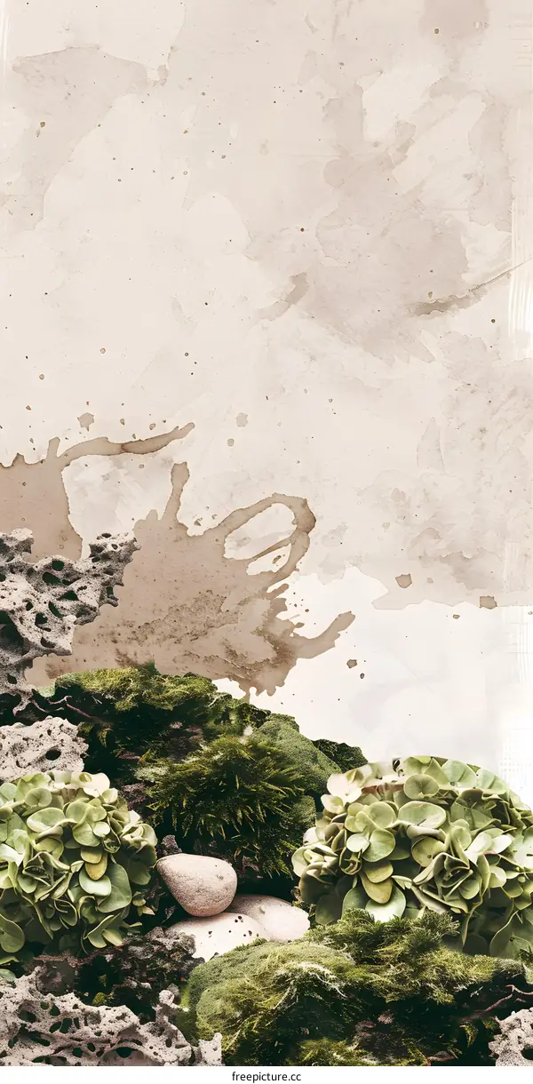 Green Moss and Rocks on a Watercolor Background