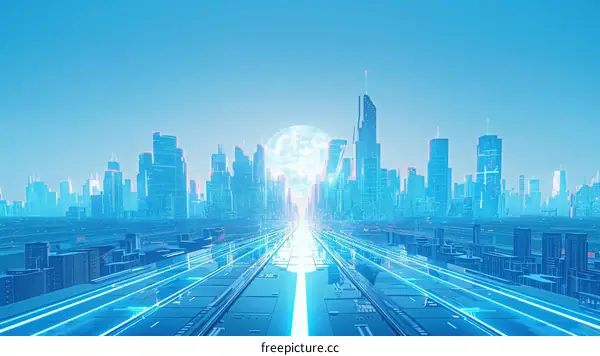 Futuristic cityscape with glowing moon and blue sky