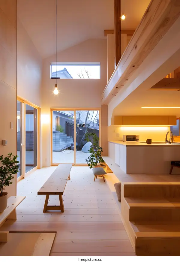 Modern Minimalist Japanese Home Interior Design with Wooden Floors and Large Windows