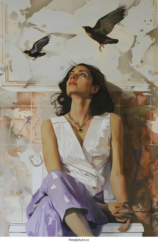 Woman Looking Up at Birds in a Painting
