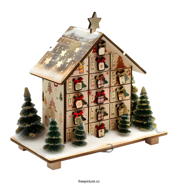 [Transparent Background PNG]Wooden Christmas Advent Calendar House Decoration