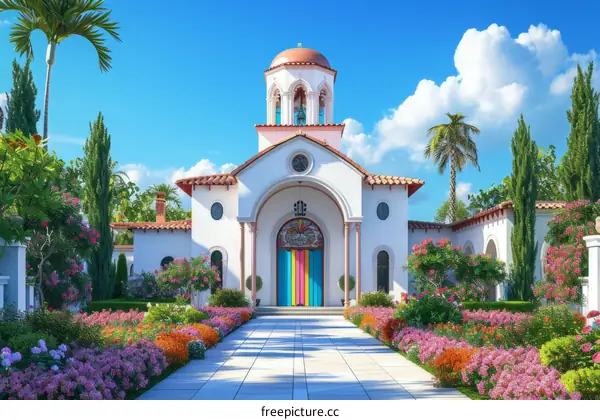 Small colorful church with a bell tower surrounded by palm trees and flowers