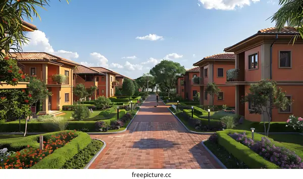 A wide brick road between two rows of townhouses