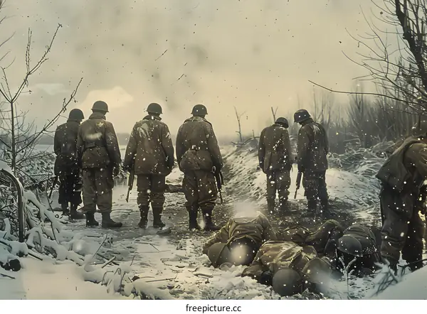 American soldiers viewing dead German soldiers in the snow during the Battle of the Bulge, 1944.