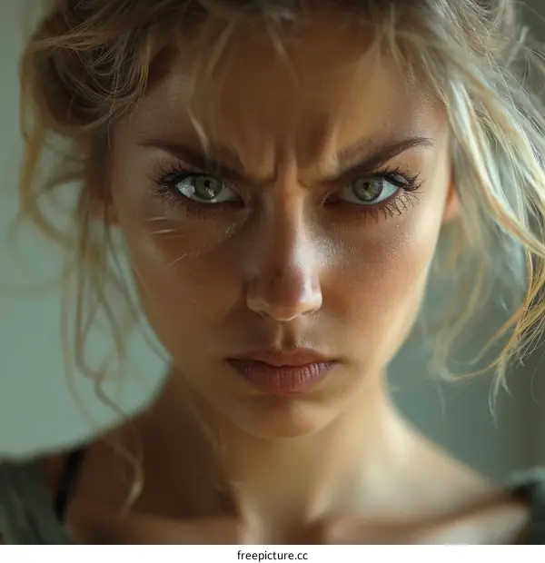 Close up Portrait of a Young Woman with Angry Expression