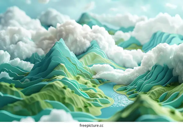 Rolling Green Hills Dotted with White Clouds