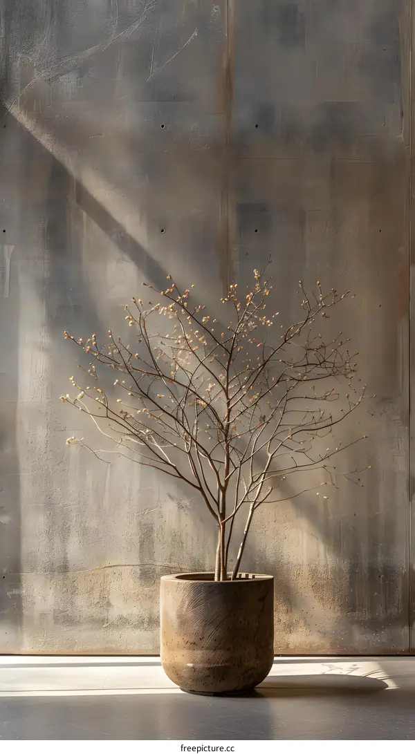 Minimalist Concrete Wall With a Dried Branch in a Wooden Pot
