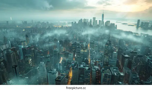 Aerial View of a Foggy Metropolis Skyline
