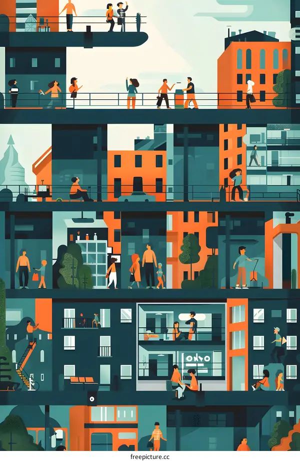 Modern City Life Illustration with People on the Streets and Balconies