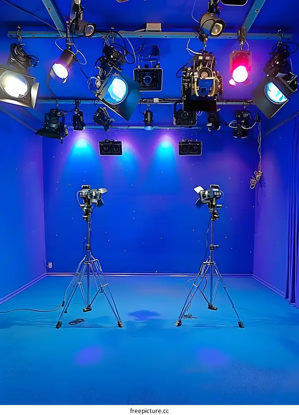 Blue Screen Studio Setup with Lights and Cameras
