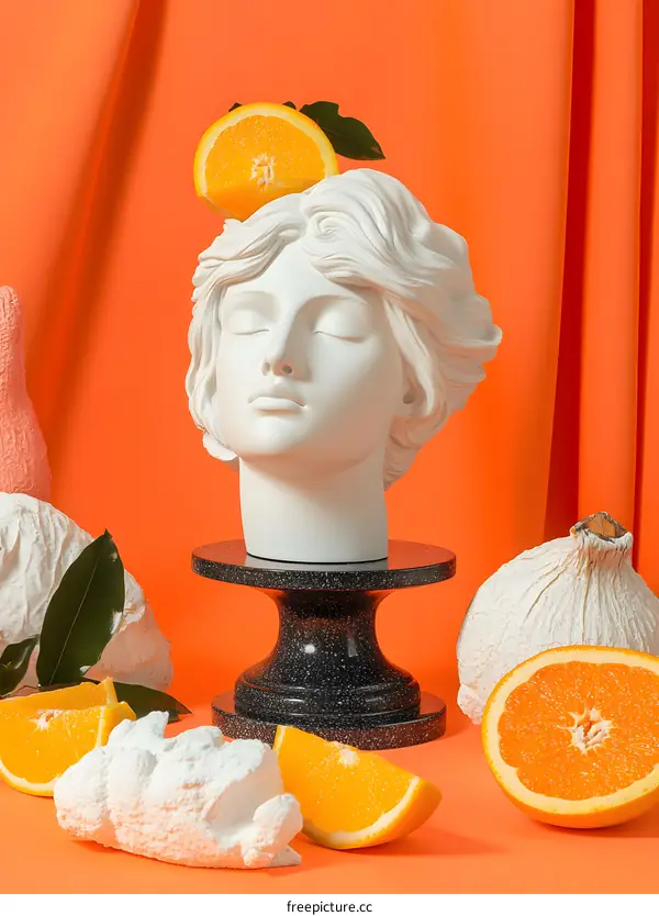 White Sculpture Head with Orange Slices on Orange Background