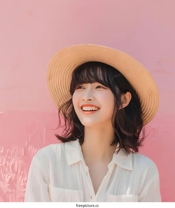 Smiling Woman in a Straw Hat Against a Pink Wall