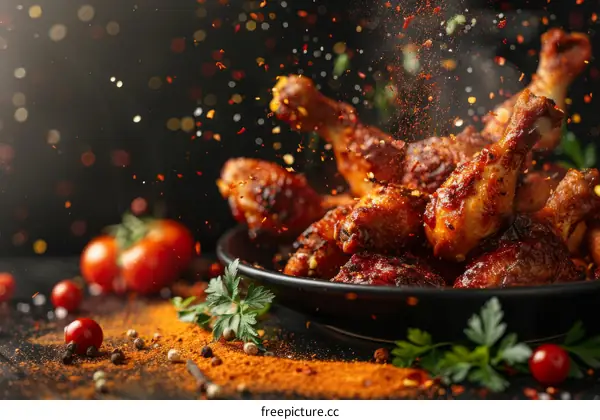 A plate of delicious spicy chicken wings with tomatoes and spices
