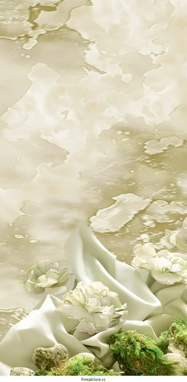 White Flowers on Green Silk Fabric with Abstract Background