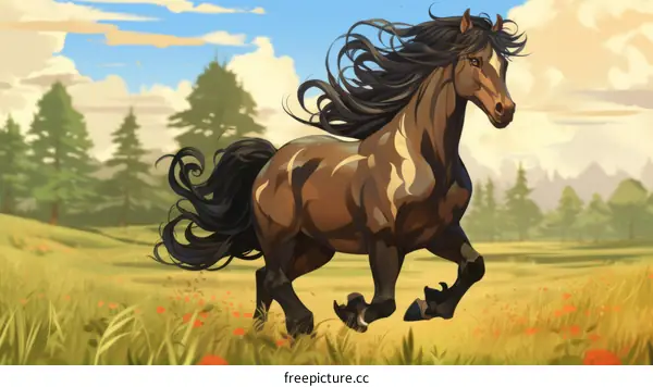 Breathtaking Dark Brown Horse with Flowing Mane Gallops across Grassy Field
