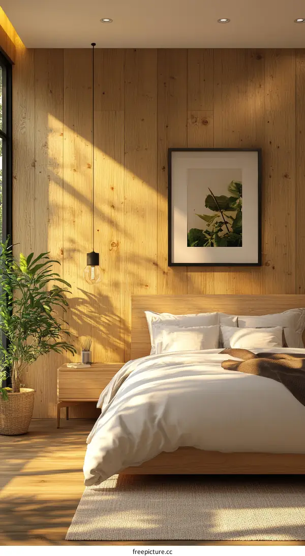 Cozy Bedroom with Wooden Wall and Sunlight