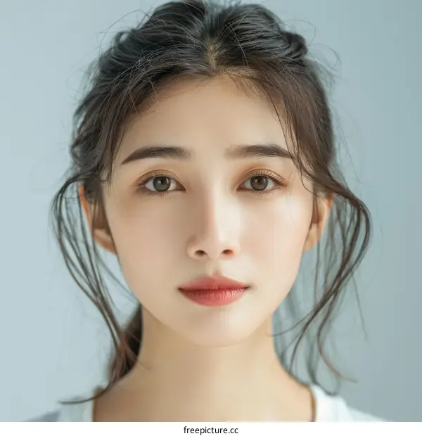 Portrait of a young Asian woman with brown hair and brown eyes