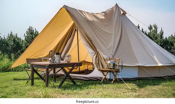 Large camping tent setup in a field