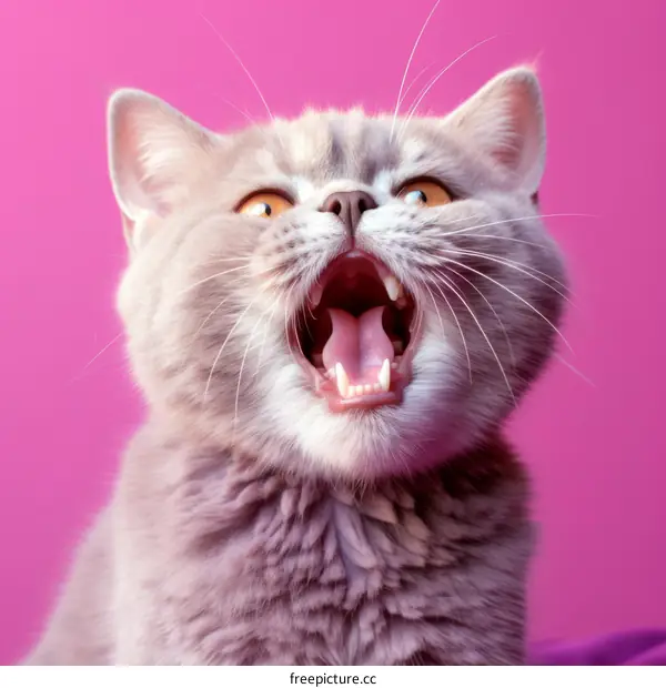 A gray and white cat with its mouth wide open and pink background
