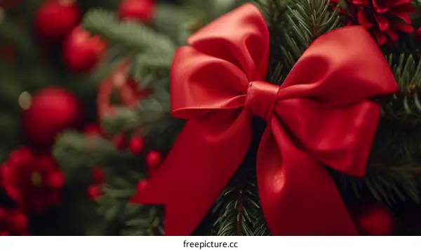 Close up of a red bow on a Christmas tree