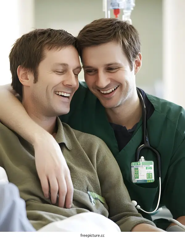 Doctor and Patient Smiling and Talking in Hospital Room
