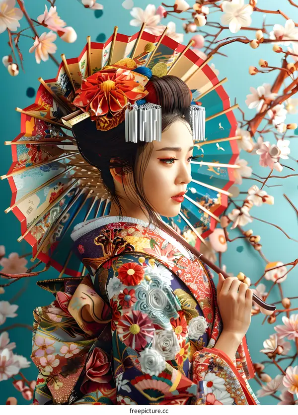 Japanese Woman in Traditional Kimono with Flower Umbrella