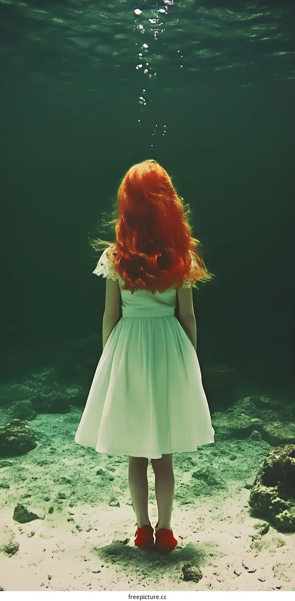 Red Hair Girl Underwater in Dress and Red Shoes