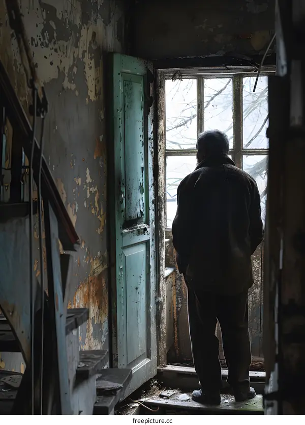 An old man is standing in a ruined house, looking out the window