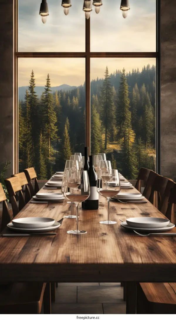 Rustic Wooden Table Setting with Forest View