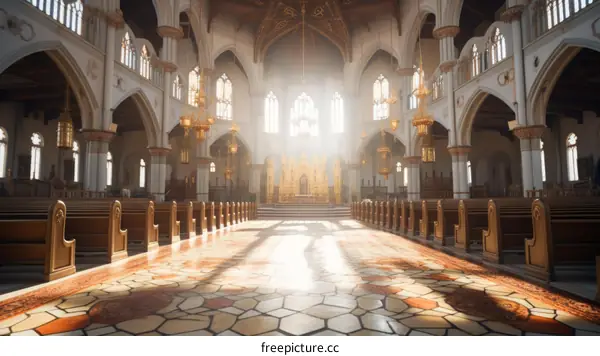 Ornate Interior of a Church with Stained Glass Windows
