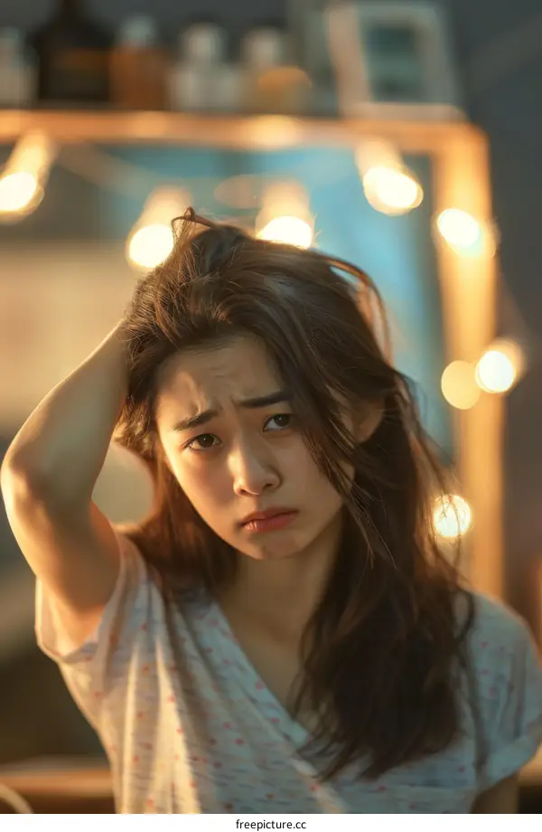 A young woman is pulling her hair in front of a mirror