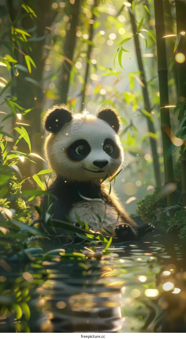 A cute panda is sitting in a bamboo forest