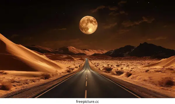 Desert Road Under a Full Moon