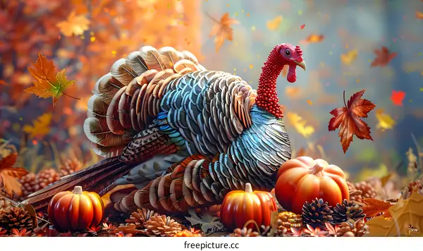 A Thanksgiving turkey surrounded by pumpkins and fall leaves