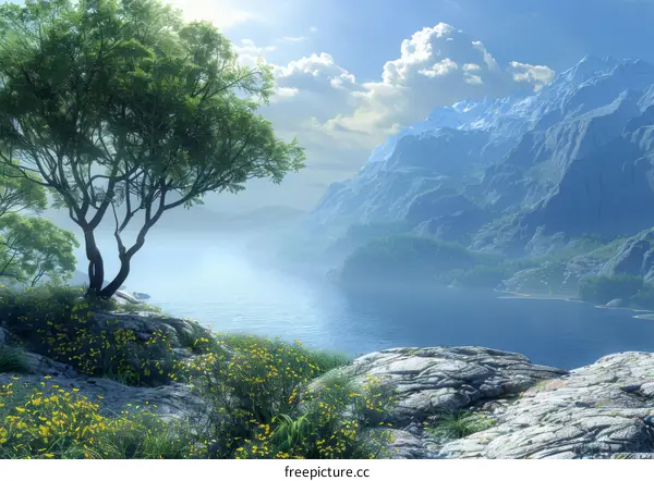 Mesmerizing Mountain Lake with Vibrant Flowers