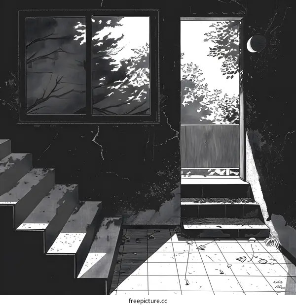 stairs and a door in a dark room