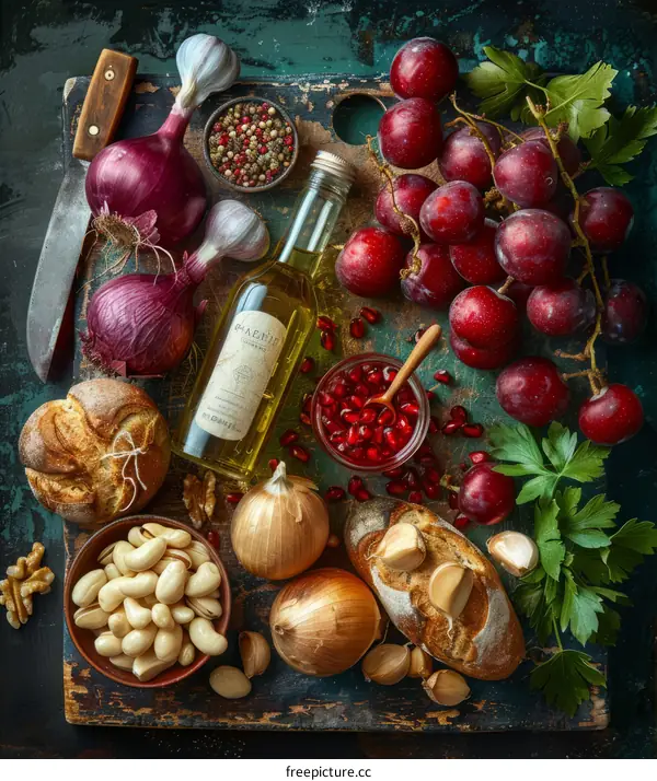 Still life with grapes, pomegranate, bread and nuts